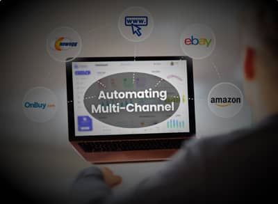 Person viewing a laptop screen showing 'Automating Multi-Channel' surrounded by e-commerce logos.