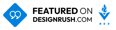 Badge indicating 'Featured on DesignRush.com' with quote marks and a flame logo.